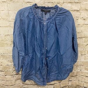 Marc New York Blue Chambray Ruffle Neck 3/4 Sleeve Button Up Oversized Top